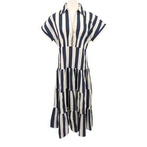 Shop The Mint Linen Stripe Midi Dress S Coastal Tiered Button Front